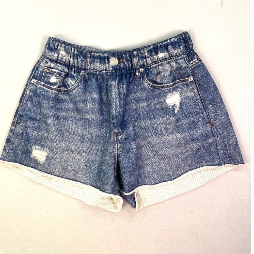 BlankNYC Blue Distressed Faux Denim French Terry Shorts XS Elastic Waist